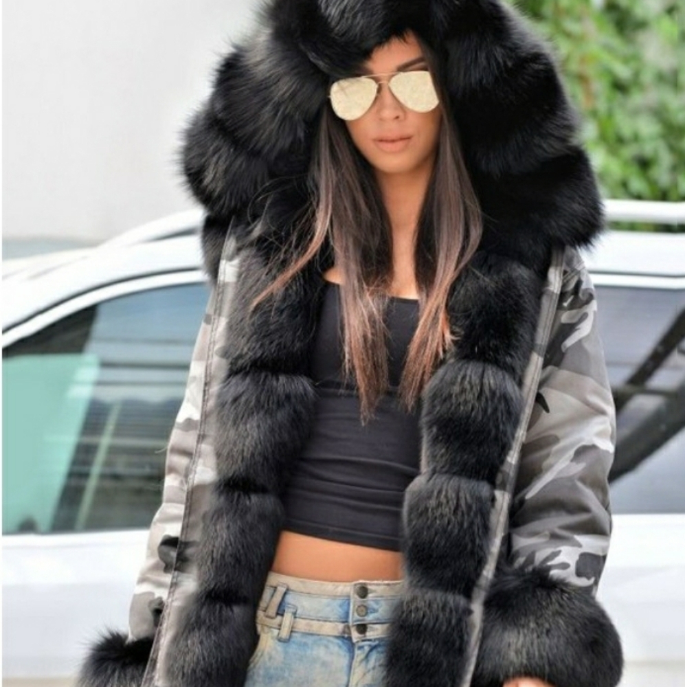 Grey camouflage hooded fur collar long sleeve